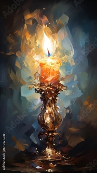 Obraz Lit candle in ornate holder, dark background, cozy ambiance, ideal for relaxation themes.