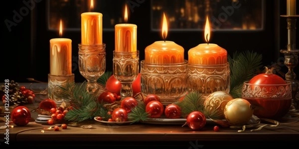 Obraz Festive candles, ornaments, and berries on a table near a fireplace. Holiday scene.