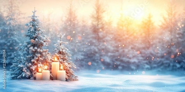 Obraz Snowy winter forest scene with candles and trees. Holiday card.