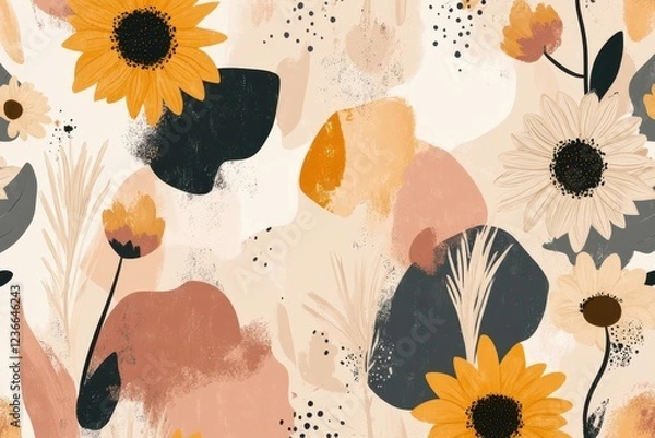 Fototapeta Colorful floral pattern featuring sunflowers and abstract shapes in warm tones, ideal for various design projects and backgrounds