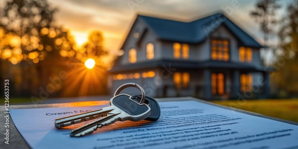 Fototapeta Keys resting on a document with a new home in the background during sunset, symbolizing homeownership and new beginnings