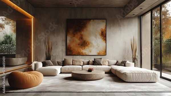 Fototapeta Modern living room with sectional sofa, artwork, and large windows.