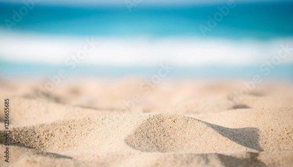 Fototapeta Close-up view on sand, blurred blue sea on backdrop. Summer time.