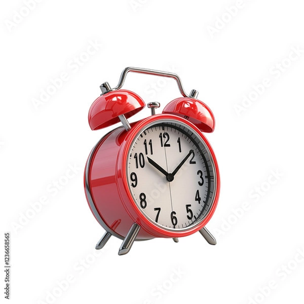 Fototapeta A classic red alarm clock with a white face and black numerals, featuring two bells on top and a sturdy base.