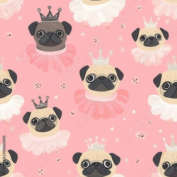 Obraz Cartoon Pugs in Tutu Patterns Set on Pink Background Design