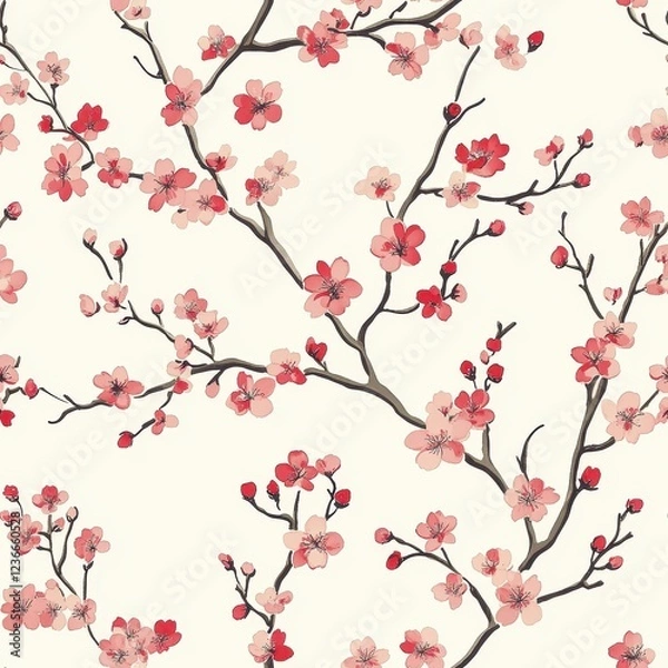 Fototapeta Cherry Blossom Pattern Wallpaper with Soft Color Palette Design