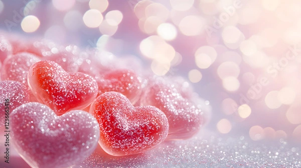 Fototapeta This enchanting image features glittering heart-shaped candies in a dreamy soft-focus setting, perfect for conveying love, romance, and sweetness in your projects.