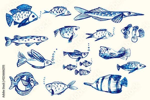 Obraz Crayon hand drawn set of various fishes. Doodle shapes. Cute sea pattern. Marine kids school background. Chalk sketch elements on white background. Vector illustrations