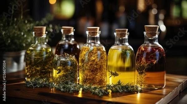 Fototapeta Infused Oils Collection: Aromatic Herbs in Glass Bottles