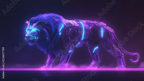 Fototapeta A stunning cybernetic lion with neon lights, futuristic biomechanical details, and a glowing sci-fi aesthetic, set in a high-tech cyberpunk world, ultra-realistic digital art.