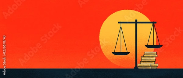 Fototapeta Symbolic justice scales against vibrant sunset background representing balance and fairness.
