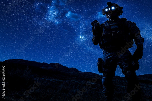 Obraz Night Ops: Silhouetted Soldier Under Starry Sky