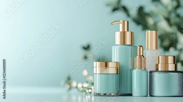 Fototapeta Elegant Skincare Bottles and Jars on Soft Mint Background