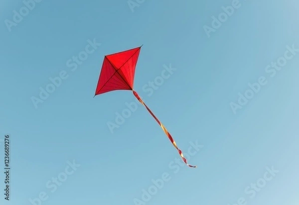 Fototapeta A vibrant red kite soars high in a clear blue sky its long tail streaming behind it.
