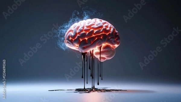 Fototapeta brain rot concept. A surreal brain emitting smoke and dripping liquid, representing creativity or intelligence.