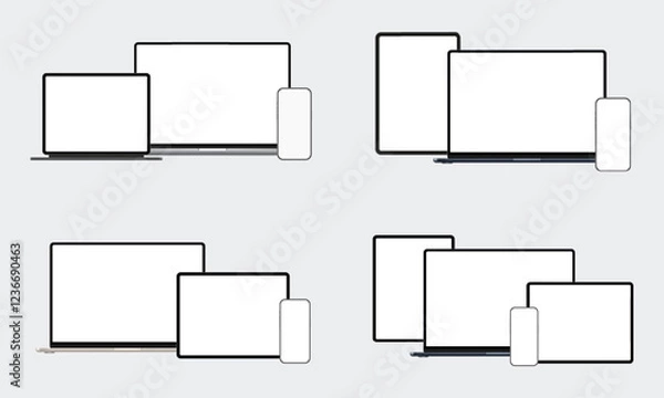 Fototapeta Set Of Digital Devices Mockups, Laptop, Smartphone, Tablet Computer, Front View. Vector Illustration