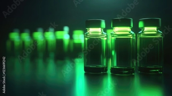 Obraz Glowing medical vials on a dark background