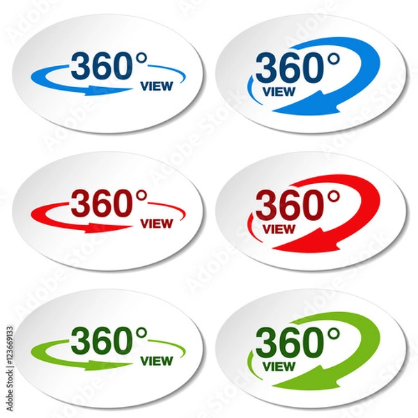 Fototapeta Vector white stickers for virtual tour, oval labels with blue, red, green arrow and with text 360 and view.