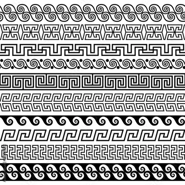 Fototapeta Set of brushes to create the Greek Meander patterns and samples of their application for round  frames and borders. Brushes included in the file.