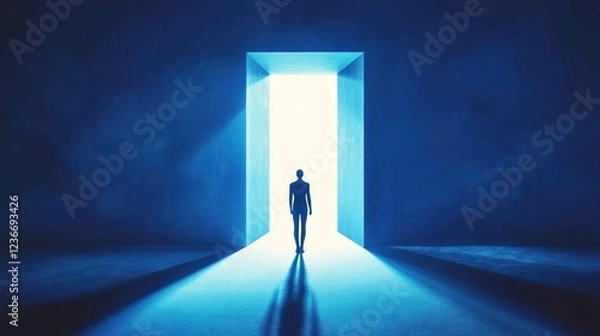 Fototapeta A person standing at the entrance of an open door, with light streaming in from behind and illuminating their silhouette against a blue background.