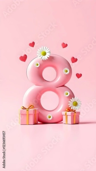 Fototapeta Pink number 8 with hearts, daisies and gift boxes on a pink background, 3D visualization, greeting