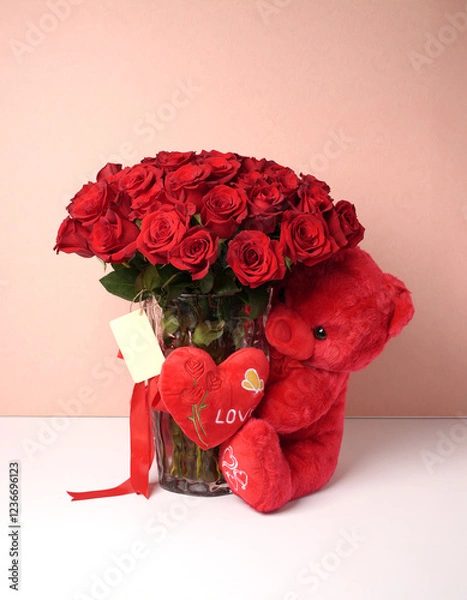 Fototapeta Romantic Red Roses with Teddy Bear