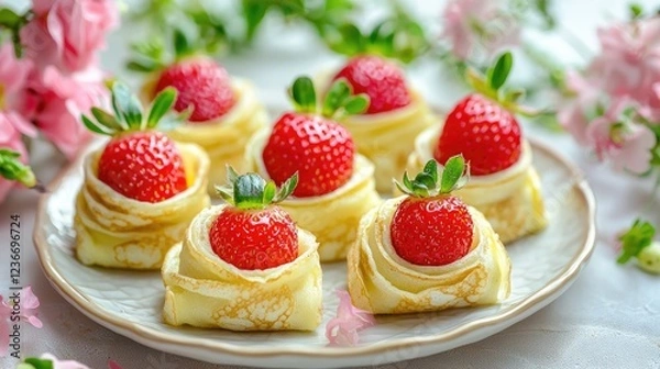 Fototapeta This is a photo showing Taiwanese desserts. The desserts in the picture are mainly fresh strawberries wrapped in soft pancakes (such as crepes). 