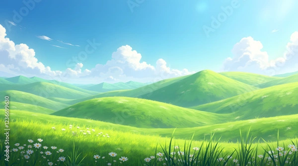 Fototapeta Gently rolling green hills stretch under a clear blue sky in spring, adorned with vibrant flowers and illuminated by gentle sunlight