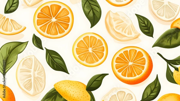 Fototapeta Citrus fruit slices and leaves pattern;  vibrant background for food blogs, recipe websites