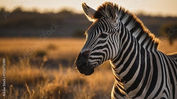 Fototapeta Close-Up of a Zebra in Warm Golden Light of Sunset  