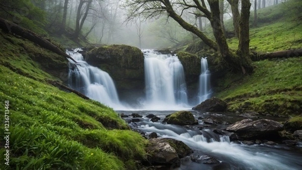 Fototapeta Cascading Waterfall in a Dense Forest with Misty Atmosphere  