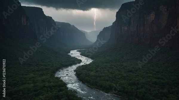 Fototapeta Misty Jungle Landscape with a Winding River Through a Valley