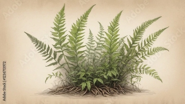 Fototapeta Elegant Green Fern Leaves on a Neutral Soft Background  