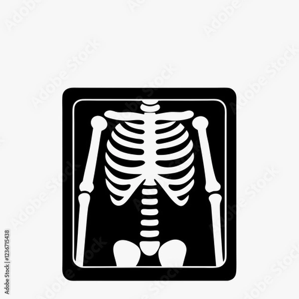 Fototapeta Black and white icon of human chest X-ray showing ribs and spine inside diagnostic frame. Concepts: radiology, diagnostics, skeleton, medical scan, anatomy visualization.