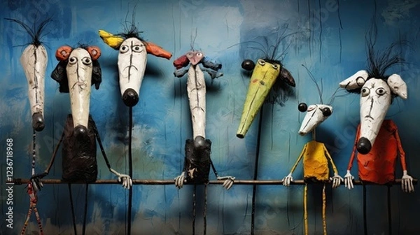 Obraz A painting of funny colorful 3d cartoon puppets caricatures of people and animals.with colorful background.