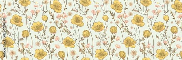 Fototapeta Repeating pattern of soft, yellow, watercolor-style floral elements with delicate stems and foliage on a pale background.