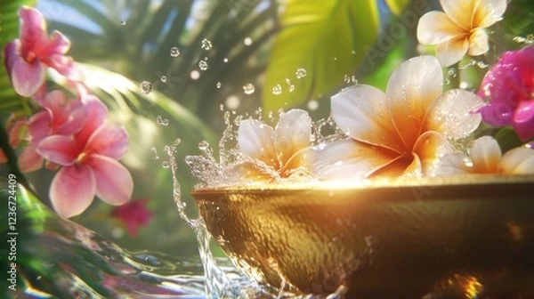 Fototapeta Vibrant water droplets splash in a golden bowl, surrounded by tropical blooms, radiating joy and warmth.