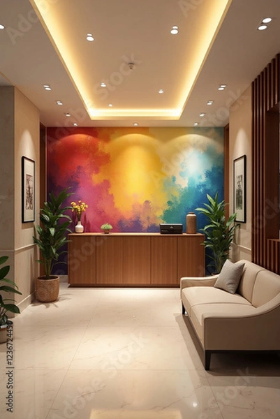 Fototapeta Simple Home Reception with Off-White Hanging Gypsum and Spotlights