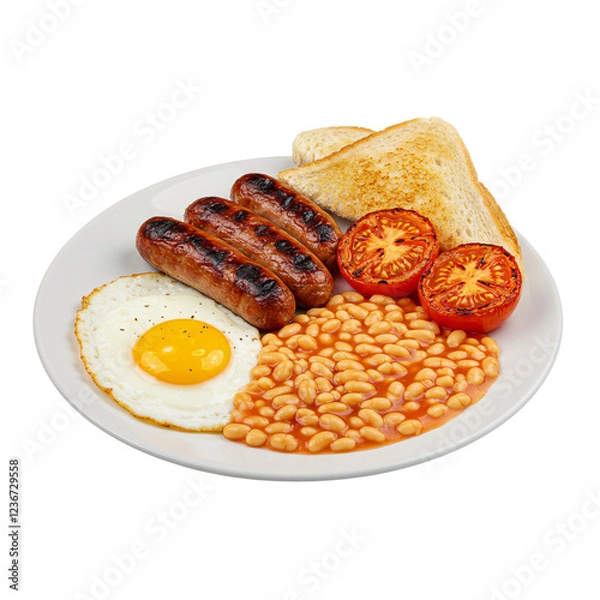 Fototapeta Full English Breakfast with Fried Eggs, Bacon, Sausages, and Baked Beans Isolated on Transparent Background