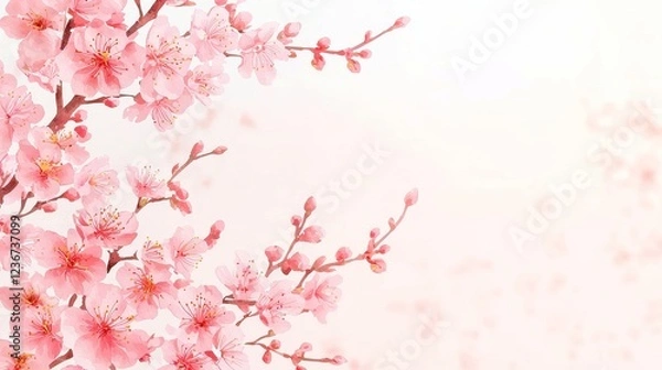 Fototapeta Soft Pink Cherry Blossom Floral Frame, Elegant and feminine border design featuring bold black outlines, simple solid colors, cool neon-lit palette, geometric pop art style.