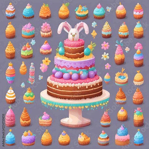 Fototapeta Festive Easter cake with icing and chocolate eggs on a wooden plate. Colorful illustration on a pink background in pixel style.