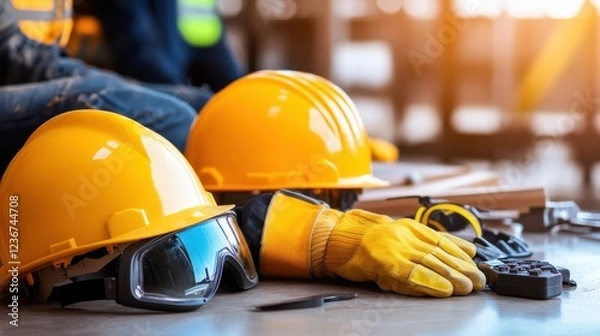 Fototapeta A construction crew working with proper safety gear, including helmets, gloves, and boots