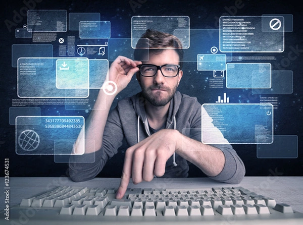 Obraz Nerd z okularami hakuje strony internetowe
