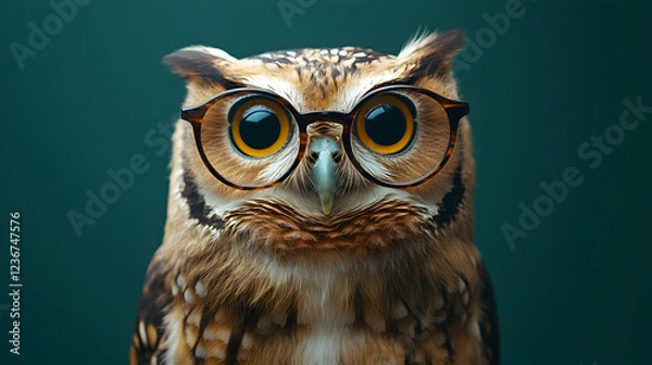 Fototapeta Owl wearing glasses standing confidently against a solid green background in a professional studio setting exuding wisdom intelligence and charisma ultra-detailed high-quality studio portrait