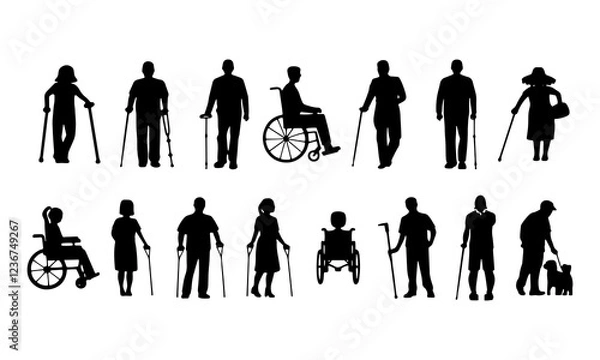 Fototapeta Inclusive, diverse disability silhouettes of people, various abilities, ages. Vector illustrations for accessibility, equality, community. Perfect for
