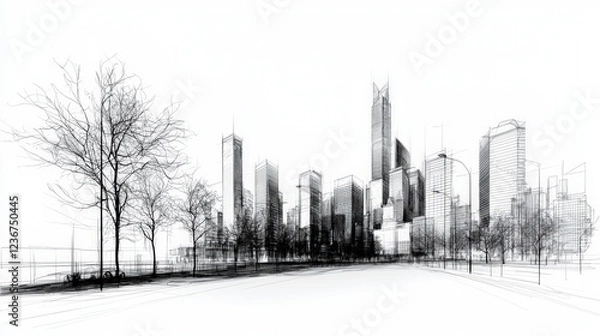 Obraz Minimalist black and white city skyline sketch urban landscape art illustration modern environment side view creative concept