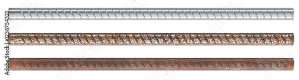 Obraz Construction Armature Bars. New, rusty corroded armature bar and old rusty armature bar. 3D rendering isolated on transparent background