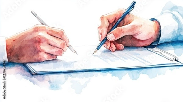 Fototapeta Minimalistic Watercolor Scene of Hands Drafting on Paper