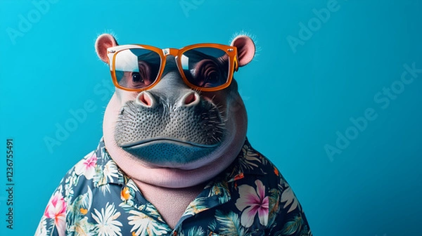 Fototapeta Hippo wearing a Hawaiian shirt and sunglasses standing confidently in a tropical summer setting exuding vacation vibes and charisma ultra-detailed high-quality portrait with vibrant colors and relaxed