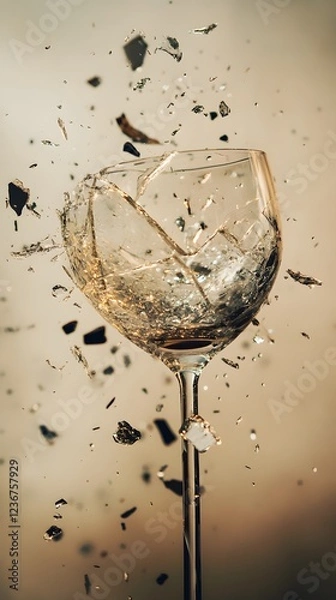 Obraz 94. A dynamic shot of a glass breaking with sharp shards floating in front of a soft neutral backdrop